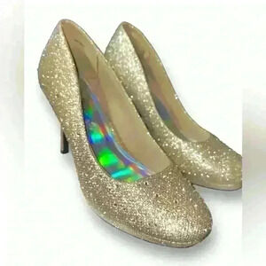 Hot Tomato Glitter Platform Heels Gold Metallic Rhinestone Pumps 9.5 Y2K
